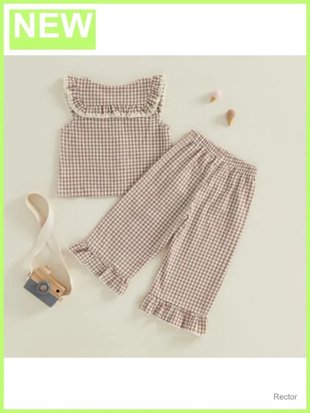 2pc Toddler Girls Ruffle Sleeve Button Up Dress Top Plaid Pants Set